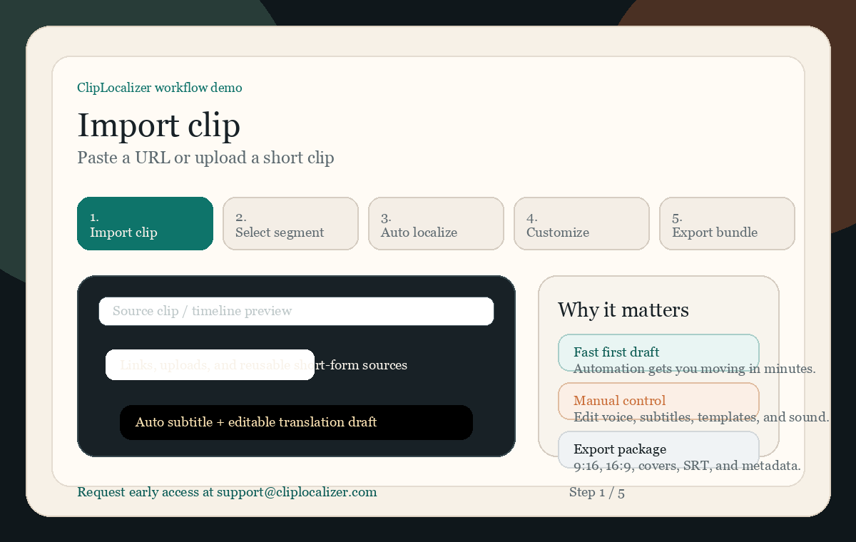 Workflow demo showing import, segment selection, subtitle generation, editing, and export